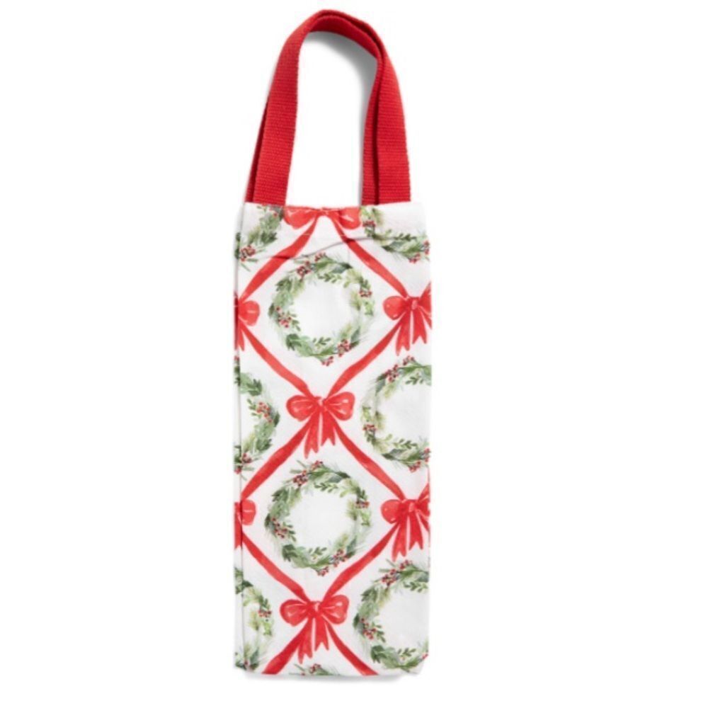 Sincerely Santa White Red Green Christmas Wreath Red Bow Canvas Wine Gift Bag